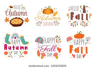 Autumn thanksgiving fall harvest label badge decoration isolated set. Vector flat graphic design illustration