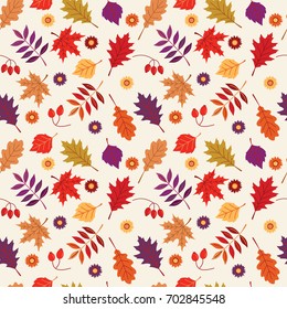 Autumn, thanksgiving, fall seamless pattern with oak, maple and other autumn leaves and flowers, briar on beige background. Perfect for holiday invitations, greeting cards,  banners, posters, flyers