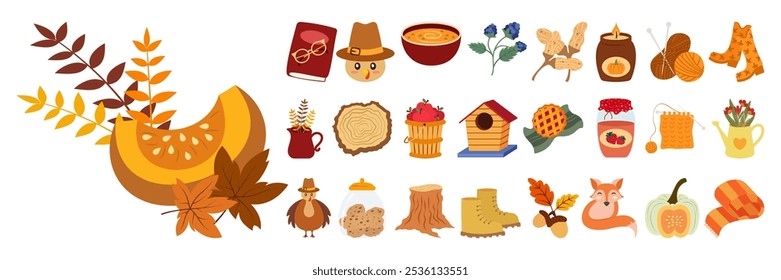 Autumn Thanksgiving flat Illustration Set Featuring Cozy Seasonal Elements