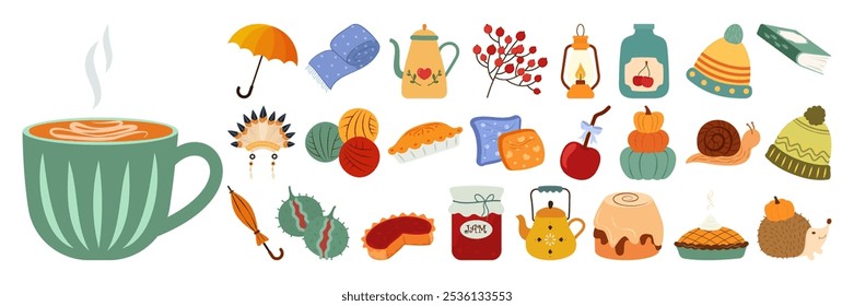 Autumn Thanksgiving flat Illustration Set Featuring Cozy Seasonal Elements