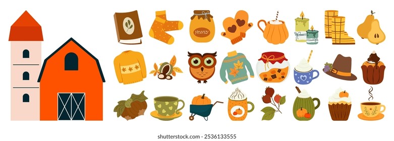 Autumn Thanksgiving flat Illustration Set Featuring Cozy Seasonal Elements