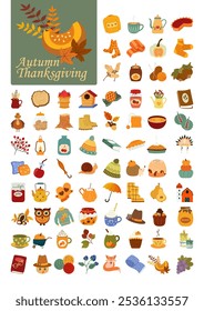 Autumn Thanksgiving flat Illustration Set Featuring Cozy Seasonal Elements