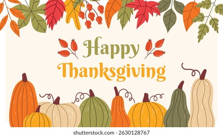 Autumn Thanksgiving greeting card in flat style featuring pumpkins, colorful leaves, and berries. Warm seasonal illustration perfect for festive messages, invitations, or fall-themed designs.