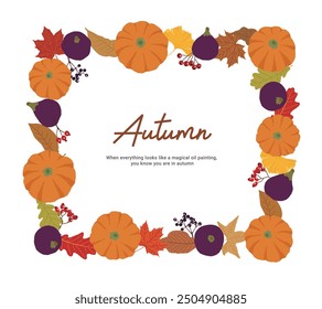 Autumn, Thanksgiving, Halloween concept frame border background illustration. Pumpkins, figs, fallen leaves, maple leaves, ginkgo leaves, berries, fruits, and vegetables representing autumn.