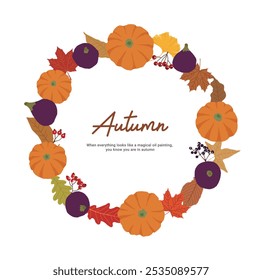 Autumn, Thanksgiving, Halloween concept frame border background illustration. Pumpkins, figs, fallen leaves, maple leaves, ginkgo leaves, berries, fruits, and vegetables representing autumn.