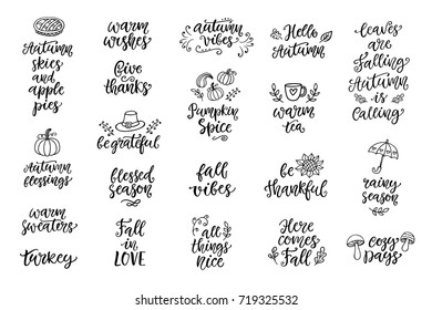 Autumn and Thanksgiving hand written lettering and doodles set, isolated on white. Seasonal calligraphy. Typographic design elements for stickers, gift tags, greeting cards. Vector illustration