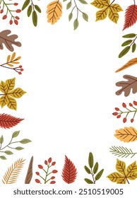 Autumn, Thanksgiving and Harvest Day frame with hand drawn colorful leaves, berries, acorns. Background for your text with information on the theme of autumn.  Vector illustration.