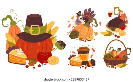 Autumn thanksgiving harvest fall turkey isolated set. Vector cartoon graphic design element illustration