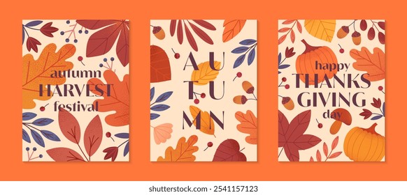 Autumn thanksgiving and harvest poster with leaves,berries,plants in fall colors.Vector autum seasonal illustrations.Trendy fall templates for prints,ad,smm,banners,invitations,covers
