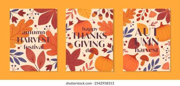 Autumn thanksgiving and harvest posters with leaves,berries,plants in fall colors.Vector autum seasonal illustrations.Trendy fall templates for prints,ad,smm,banners,invitations,covers