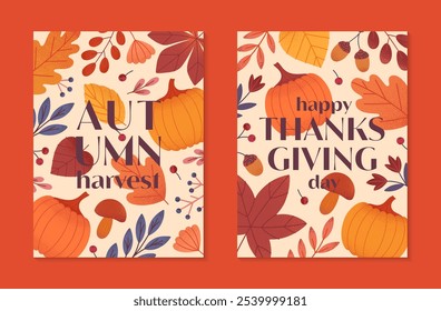 Autumn thanksgiving and harvest seasonal poster with pumpkins,leaves,berries,plants in fall colors.Vector autum seasonal illustrations