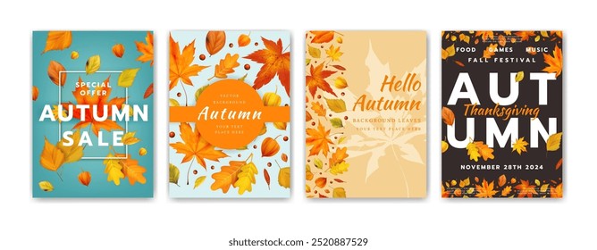 Autumn Thanksgiving, holiday poster. Fall background with realistic leaves, card design. Harvest pattern, flyer leaf. Poster foliage, decoration leaf border. Banner orange sale template. Vector layout