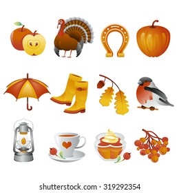 Autumn and thanksgiving icon set. Collection of 12 illustrations in warm tones.  