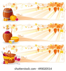 Autumn thanksgiving landscape banners set. Fall vineyard grape, white background, winemaking farm symbol. Wood barrel, pumpkin, picnic basket, alcohol drink bottle, cheese food. Vector illustration