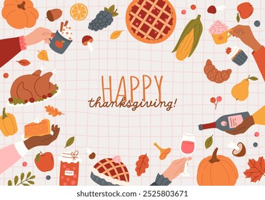 Autumn Thanksgiving poster and greeting card. Harvest festive elements, seasonal food and drinks, family or friends holiday dinner. Vector flat illustration for print, invitation card, banner, ads