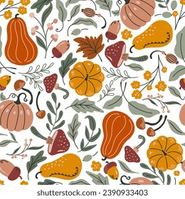 Autumn Thanksgiving Pumpkins and Flowers Vector Seamless Pattern