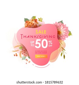 Autumn thanksgiving sale banner template Vector illustration. Fall abstract geometric bubble with flowers, leaves,Discount label,  Promo badge for your seasonal design concept, isolated on white