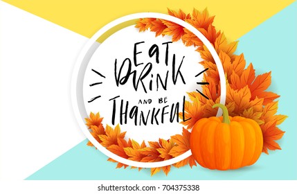 Autumn thanksgiving sale or greeting flyer template with lettering. Bright fall leaves and pumpkin. Poster, card, label, banner design. Bright geometrical background. Vector illustration EPS10