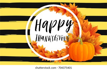 Autumn thanksgiving sale or greeting flyer template with lettering. Bright fall leaves and pumpkin. Poster, card, label, banner design. Striped background. Vector illustration EPS10