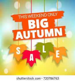 Autumn Thanksgiving  sale poster of discount promo web banner for fall seasonal shopping with hanging maple leaf . Vector fall leaf sale tags for Shop market poster design. Offer template advertising