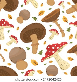 Autumn thanksgiving seamless pattern with adorable mushrooms on white isolated background. Vector fall mushrooms in natural botanical concept. For thanksgiving decor, wallpaper, prints.