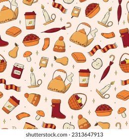 autumn and thanksgiving seamless pattern with cozy doodles for wallpaper, scrapbooking, stationary, wrapping paper, textile prints, etc. EPS 10