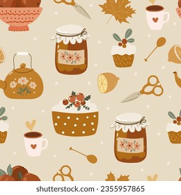 Autumn and thanksgiving seamless pattern, cozy home, teapot, jar with jam and honey digital paper repeating background for fabric, wallpaper, wrapping paper and surface design