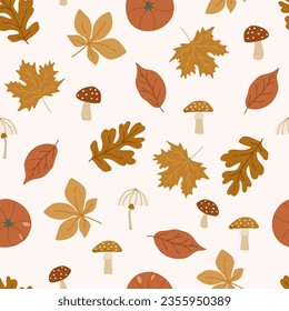 Herbst- und Thanksgiving-nahtloses Muster mit Herbstblättern und Pilzen, digitales Papier, das den Hintergrund für Gewebe, Tapeten, Wickelpapier und Oberflächendesign wiederholt