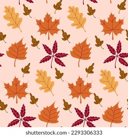 Otoño y acción de gracias patrón sin fisuras con hojas caídas. Es bueno para envolver papel, estampado textil, papelería, decoración de vivero, ropa, rayado, etc.