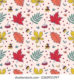 Patrón de otoño y día de agradecimiento sin fisuras con hojas caídas en forma de doodle. Papel envasado, estampado textil, papel, decoración de vivero, vestimenta, rayado