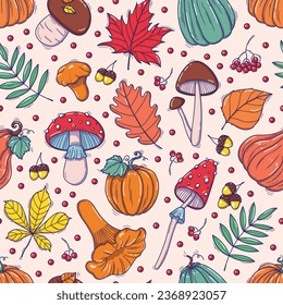 Herbst- und Thanksgiving-nahtloses Muster mit fallenden Blättern, Kürbissen und Pilzen im Doodle-Stil. Gut geeignet für Papier, Stoffdrucke, Schreibwaren, Kindergartendekoration, Bekleidung, Scrapbooking