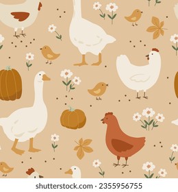 Autumn and thanksgiving seamless pattern with farm birds geese and chickens, cottage core style, digital paper repeating background for fabric, wallpaper, wrapping paper and surface design