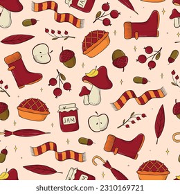 Autumn and Thanksgiving seamless pattern with hand drawn elements, doodles for wallpaper, wrapping paper, scrapbooking, stationary, textile prints, tablecloth and towels. Fall season theme. EPS 10