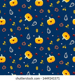 Autumn thanksgiving seamless pattern with pumpkins and corn on blue background vector.