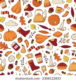 Autumn and Thanksgiving seamless pattern with sketched colorful doodles for wallpaper, textile prints, holiday decor, wrapping paper, towels, scrapbooking, backgrounds, etc. EPS 10