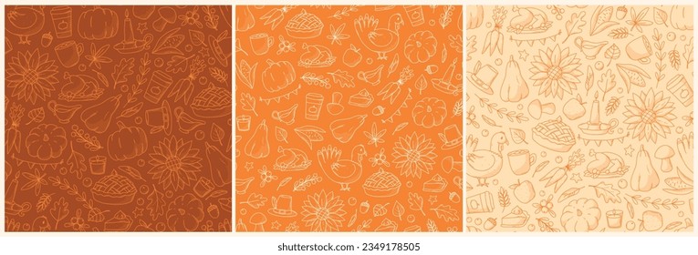 autumn and thanksgiving set of semaless patterns. Fall patterns collection with doodles for wallpaper, wrapping paper, scrapbooking, backgrounds, packaging, textile prints, etc. EPS 10