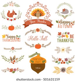 Autumn and Thanksgiving set with turkey, squirrel, hedgehog, fall leaves, floral motifs, pumpkin, acorn, wreath, laurels and banner.