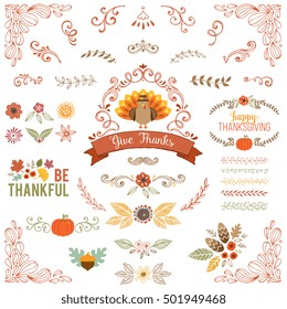 Autumn and Thanksgiving set with vintage ornate motifs and typographic design elements.