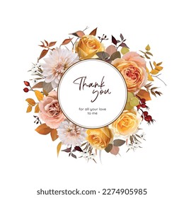 Autumn Thanksgiving "Thank you" greeting card. Fall flowers bouquet wreath. Vector, floral watercolor yellow orange roses, cream dahlia, eucalyptus leaves, branch illustration. Editable wedding invite