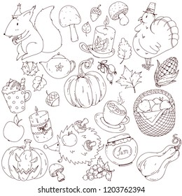 Autumn & Thanksgiving theme collection set of handdrawn doodle vector illustrations. Cute colorfull drawings for banners, posters, greeting cards.