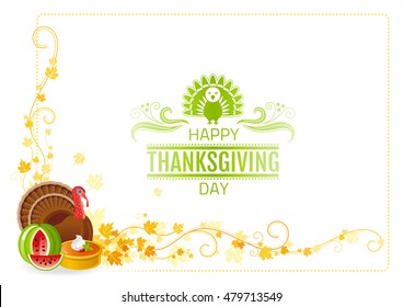Autumn thanksgiving vector background with text lettering logo, food icon, leaves pattern. Abstract design template illustration for seasonal greeting card. Turkey bird, pumpkin pie, watermelon dinner