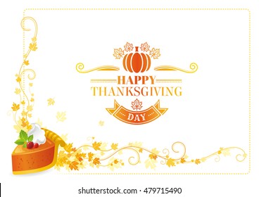 Autumn thanksgiving vector background, text lettering logo, food icon, leaf pattern. Abstract design template illustration for seasonal greeting card. Traditional pumpkin pie slice.