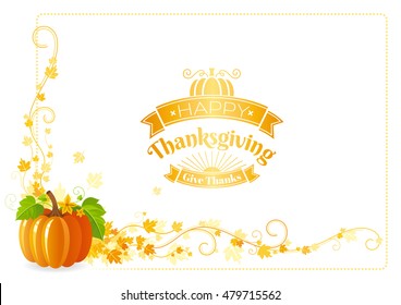 Autumn thanksgiving vector background with text lettering logo, food icon, leaves pattern. Abstract design template illustration for seasonal greeting card. Pumpkin vegetable farm harvest