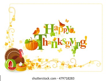 Autumn thanksgiving vector background with text lettering logo, food icon, leaf pattern. Illustration for seasonal card. Turkey bird, pumpkin pie, watermelon. Traditional american family holiday.