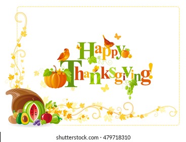 Autumn thanksgiving vector background with text lettering logo, food icon, leaves pattern. Abstract design template illustration for seasonal greeting card. Horn of plenty, farm vegetable, garden sign