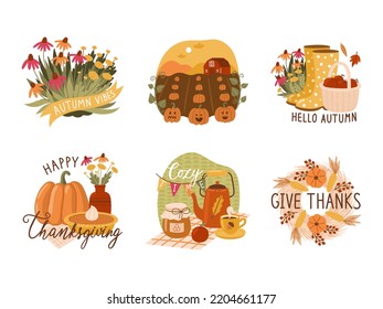Autumn and Thanksgiving vector hand drawn clipart set for greeting cards and stickers