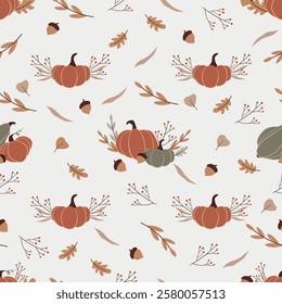 Autumn thanksgiving vector seamless ornament with pumpkins, leaves, rowan and acorns. Fall hand drawn pattern for fabric and textile design.
