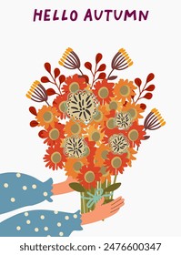 Autumn, thanksgiving, vertical card, female hands holding out a fall bouquet. Vector hand drawn design and textures. Vector design template.