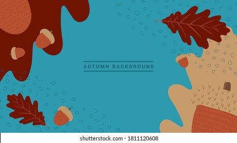 Autumn theme background. Blue wallpaper with oak leaves, acorns, and abstract details.