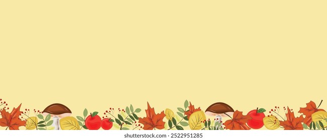 Autumn theme, background with autumn leaves, fruits, mushrooms,berries. Vector. Colorful design for website presentation, landing page, wallpaper, children's book. flyer, brochure.